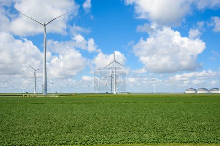 Foto de Turbinas de viento altas en un parque eólico en el campo en un día soleado de verano. Eemshaven, Países Bajos. - Imagen libre de derechos