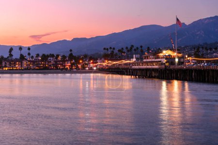 Photo for View of Stearns Wharf in Santa Barbara, California, at dusk in autumn - Royalty Free Image