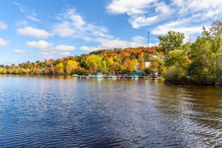 Téléchargez les photos : Bateaux dans une petite marina le long des rives boisées d'un lac pendant la saison des couleurs de l'automne. Huntsville, ON, Canada. - en image libre de droit