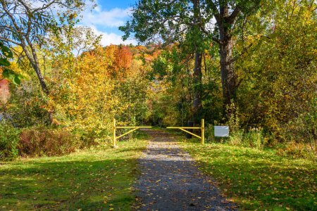 Foto de Puerta a lo largo de un camino de grava conducen a un bosque en la cima del follaje de otoño en un día soleado. Huntsville, ON, Canadá. - Imagen libre de derechos