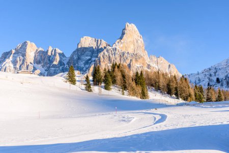 Téléchargez les photos : Piste de ski de fond dans une prairie enneigée bordée d'arbres au pied d'un pic rocheux par une journée d'hiver ensoleillée - en image libre de droit