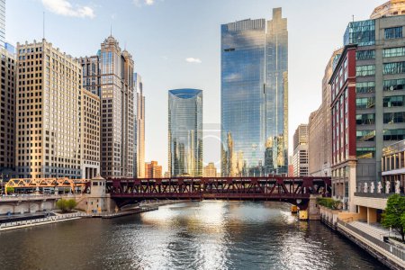 Photo for Chicago river cityscape at sunset in spring - Royalty Free Image