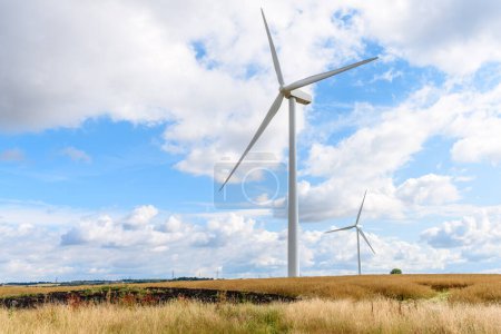 Foto de Turbinas eólicas en un campo cultivado en el campo de Inglaterra en un día soleado de verano. South Yorkshire, Inglaterra, Reino Unido - Imagen libre de derechos