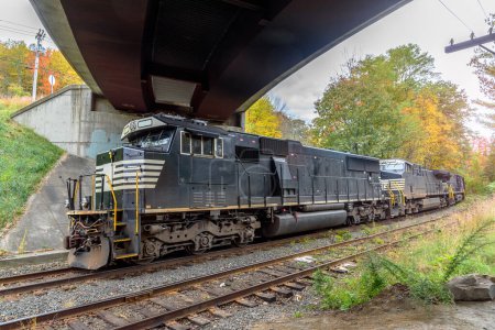 Photo for Powerful black disesl locomotives pulling a cargo train passing under a road bridge on a cloudy autumn day. Lens flare. Shelburne Falls, MA, USA. - Royalty Free Image