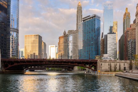 View of Chicago river skyline and at sunset in spring. Illinois, USA.
