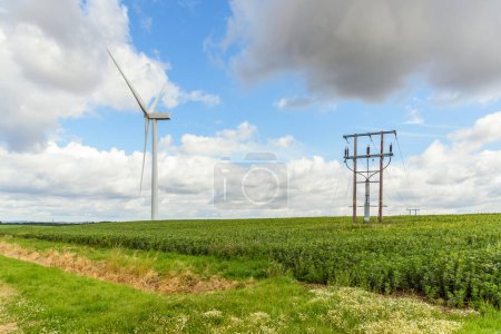 Windkraftanlagen und Stromleitungen auf einem Ackerfeld auf dem Land an einem teils bewölkten Sommertag. Aston, England, Großbritannien.