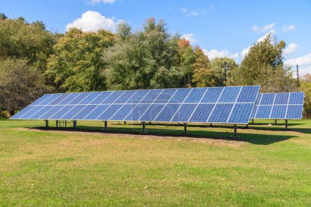 Filas de paneles solares en la hierba con árboles en el fondo en un día claro de otoño. Catskill Mountains, NY, Estados Unidos.