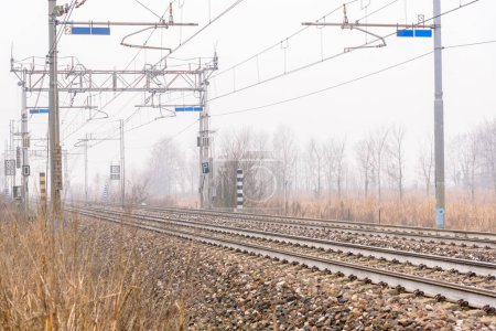Photo for Deserted stretch of a railroad with double tracks in the countryside on a foggy winter day - Royalty Free Image