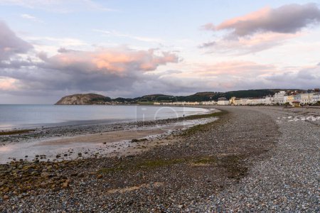 View of a pebble beach lined with a promenade and pastel coloured Victorian buildings at dusk in summer. LLandudno, Wales, UK.