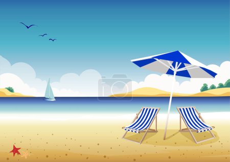 Téléchargez les photos : Vacances d'été sur la plage, la belle mer, et les activités de voile et de sommeil, Concept illustration de fond. - en image libre de droit