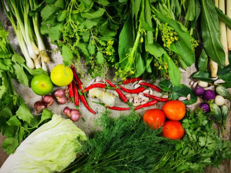 Téléchargez les photos : Assortiment de légumes frais thaïlandais biologiques de fond sur la vue supérieure. L'ingrédient asiatique local. - en image libre de droit