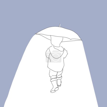 Téléchargez les photos : Lignes simples, un croquis d'un garçon un jour de pluie, en noir sur fond blanc - en image libre de droit