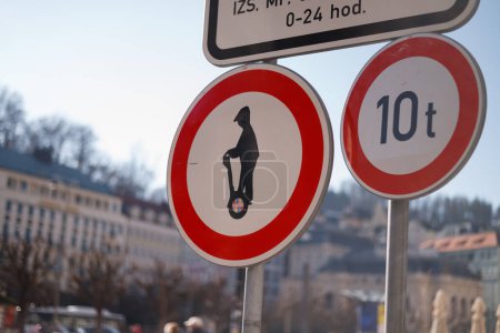 sign prohibiting movement on hoverboards, Segways, in Karlovy Vary, Czech Republic, road signs