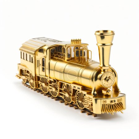 Téléchargez les photos : Train jouet doré sur fond blanc - en image libre de droit