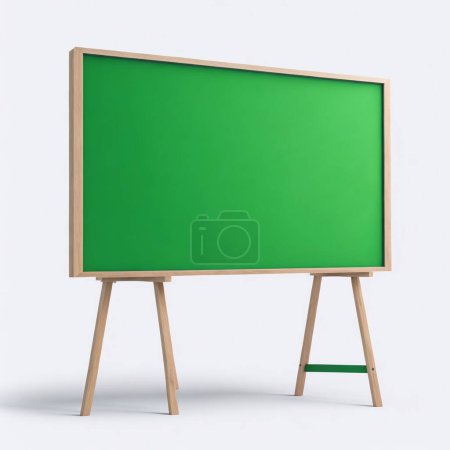 Empty green chalkboard with a wooden frame and stand, presented on a clean white background