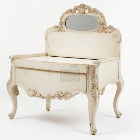 Antique wooden vanity with ornate carvings and a built-in oval mirror, isolated on a white background