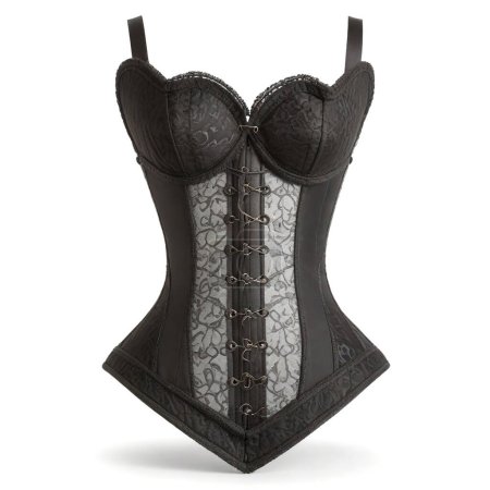 Stylish black lace corset with detailed designs isolated on a clean white backdrop
