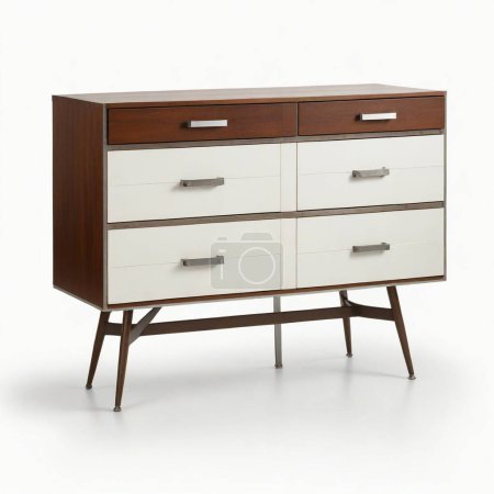 Contemporary wooden dresser with white drawers and metal handles isolated on a white background