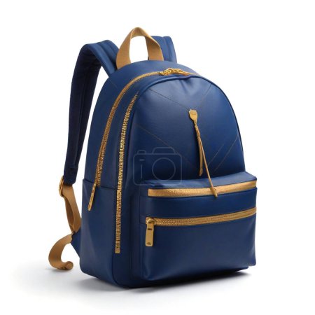 Elegant blue and tan backpack with gold-tone hardware, isolated on a white backdrop