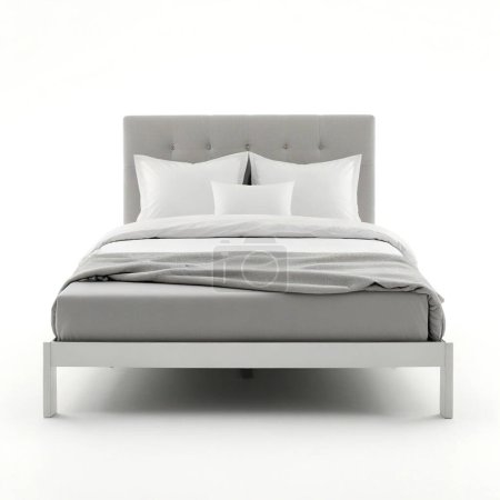 Elegant minimalist bedroom with a stylish gray bed and clean white bedding on neutral background