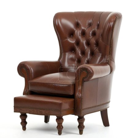 Classic brown leather wingback chair with tufted backrest on a white background