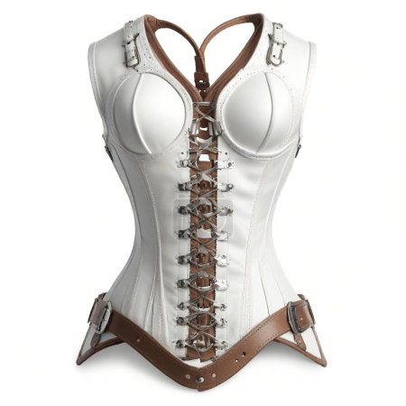Elegant silver and brown vintage corset isolated on a white backdrop, detailing laces and leather straps