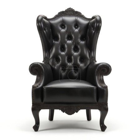 Classic tufted wingback chair in black leather, isolated on a clean white backdrop