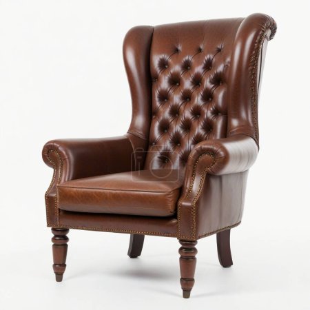 Classic brown leather wingback chair with tufted details isolated on a white backdrop