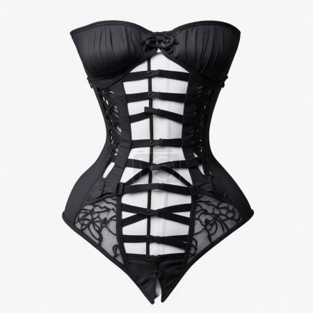 Elegant black corset with lace detailing isolated on a white backdrop