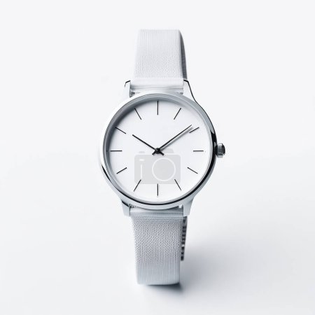 Sleek, modern wristwatch with a white strap and clean dial design showcased on a pure white backdrop