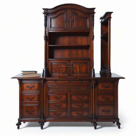 Téléchargez les photos : Elegant antique wooden secretary desk with bookshelf, isolated on a white background - en image libre de droit