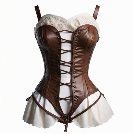 Stylish vintage brown corset with lace detailing isolated on a white backdrop