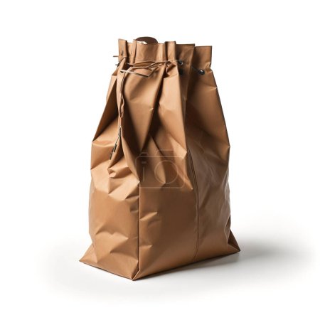Crumpled brown paper bag standing upright, perfect for lunch or groceries, with a clean white backdrop