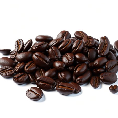 Pile of rich, dark roasted coffee beans isolated on a clean white surface, ideal for culinary and beverage concepts