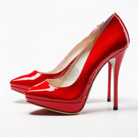 Pair of glossy red stiletto heels isolated on a pure white backdrop