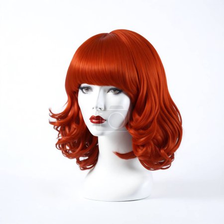 Striking mannequin head with vibrant red hair against a solid white backdrop