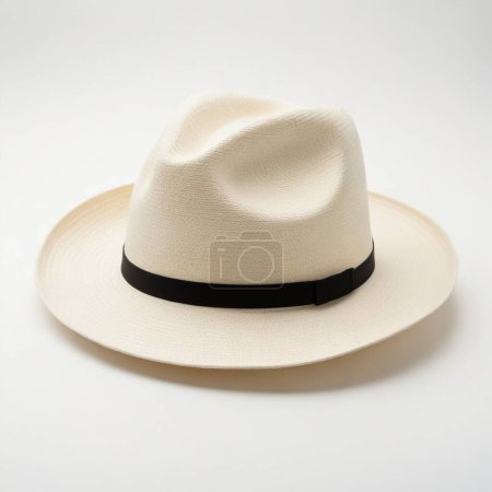 Classic white panama hat with a black band, isolated on a seamless white background