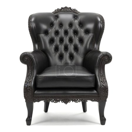 Vintage style black leather armchair with tufted backrest and carved details isolated on a white background