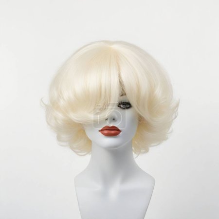 Stylish short blonde wig on a featureless mannequin head against a white background