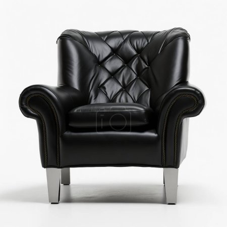Luxurious black leather armchair with button detail and metal legs isolated on a white background