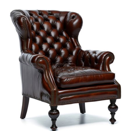 Elegant brown leather wingback chair with button-tufted upholstery isolated on white