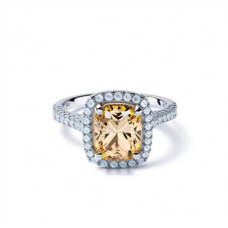 Luxurious cushion cut diamond ring with a central yellow gemstone surrounded by smaller diamonds, isolated on a white background