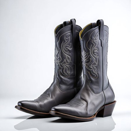 Pair of stylish black cowboy boots with intricate stitching detail