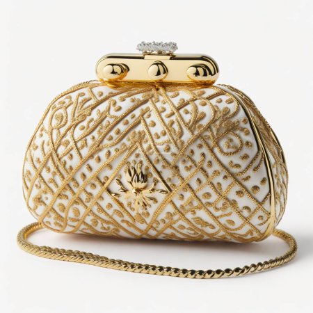 Exquisite golden clutch with delicate embroidery details on a white background