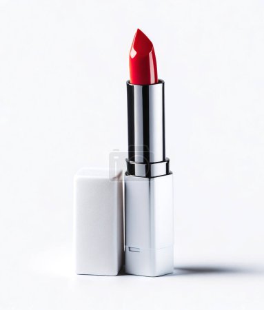 Single red lipstick with a silver case displayed against a clean white backdrop