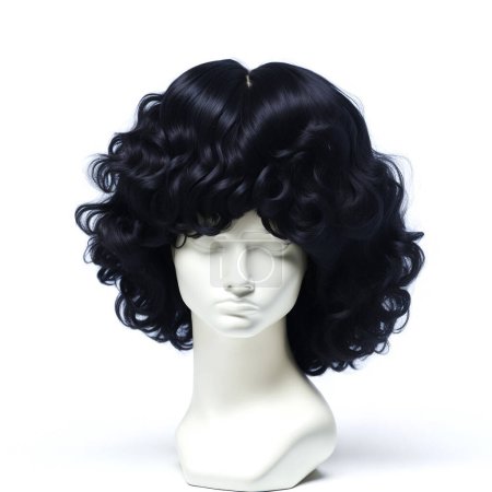 Stylish black curly wig showcased on a blank white mannequin head against a white background