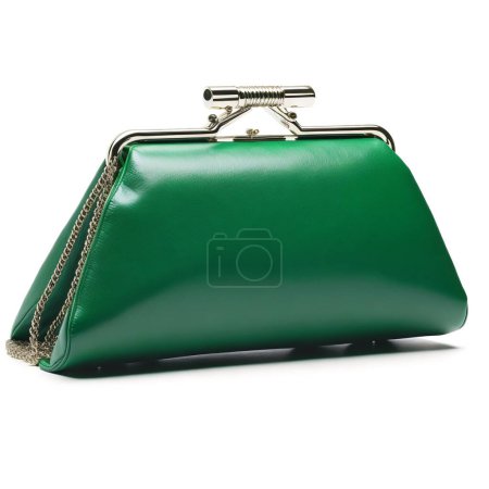 Stylish green clutch purse with a silver clasp isolated on a white background