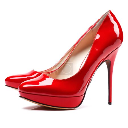 Elegant pair of red stiletto shoes isolated on a white backdrop