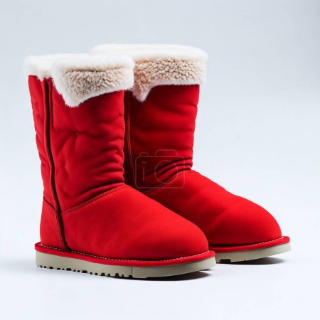 Pair of vibrant red winter boots with soft lining, isolated on a white backdrop