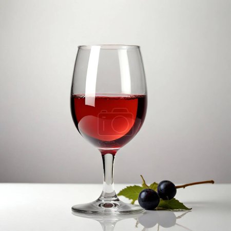Clear wine glass half-filled with red wine, accompanied by ripe grapes on a neutral background